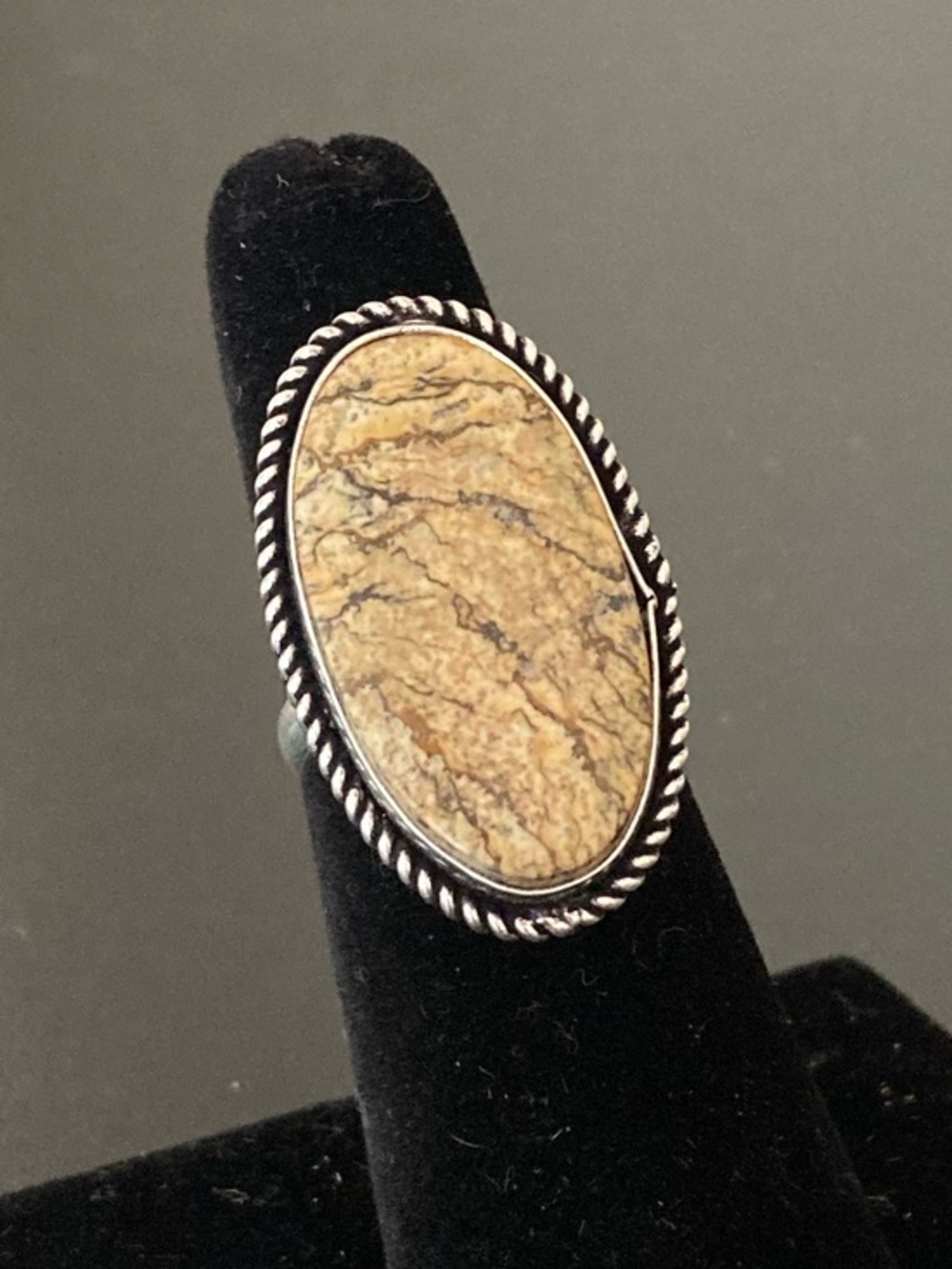 Sterling Silver Beige Jasper Oval Statement Ring  size 6